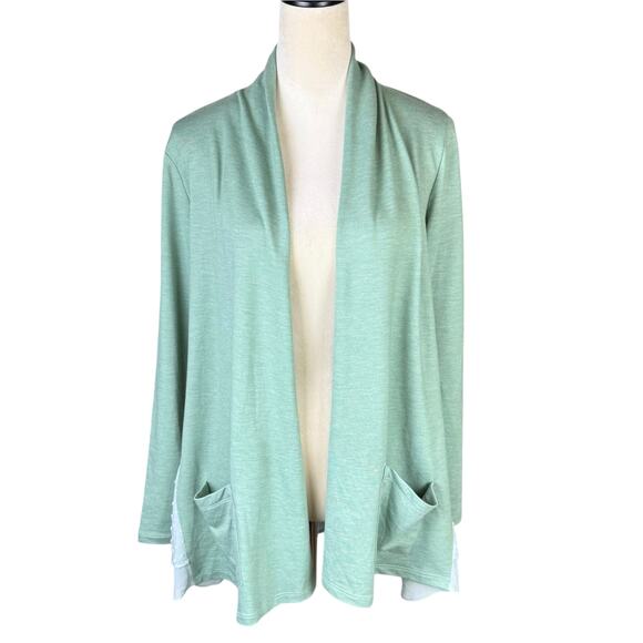 LOGO Lounge Green Lori Goldstein Open Tunic Cardigan Swiss Dot Sides Pockets - Picture 1 of 12
